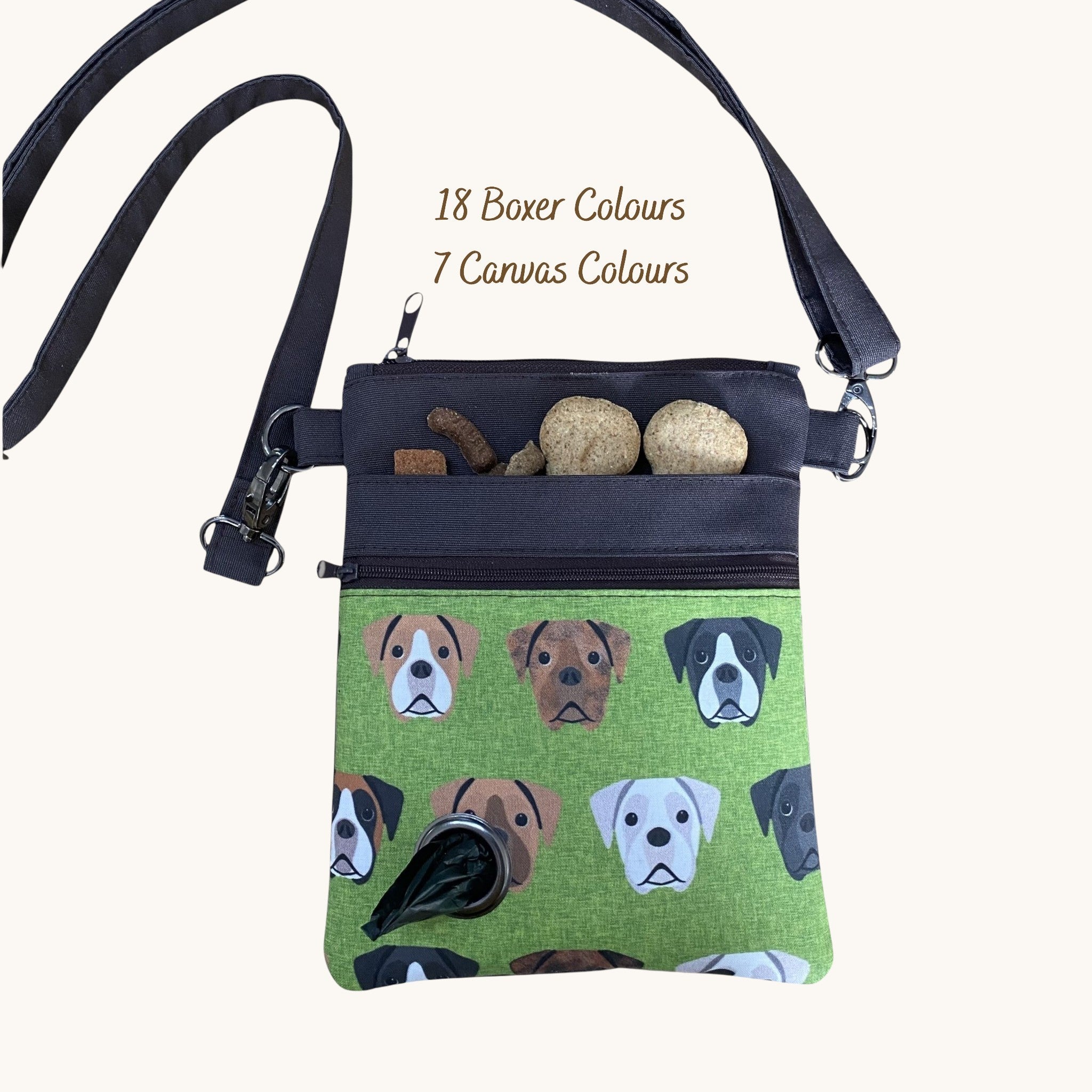 Boxer Dog Walking Bag with Poo Bag Dispenser & Treat Pocket. Many Colour Choices