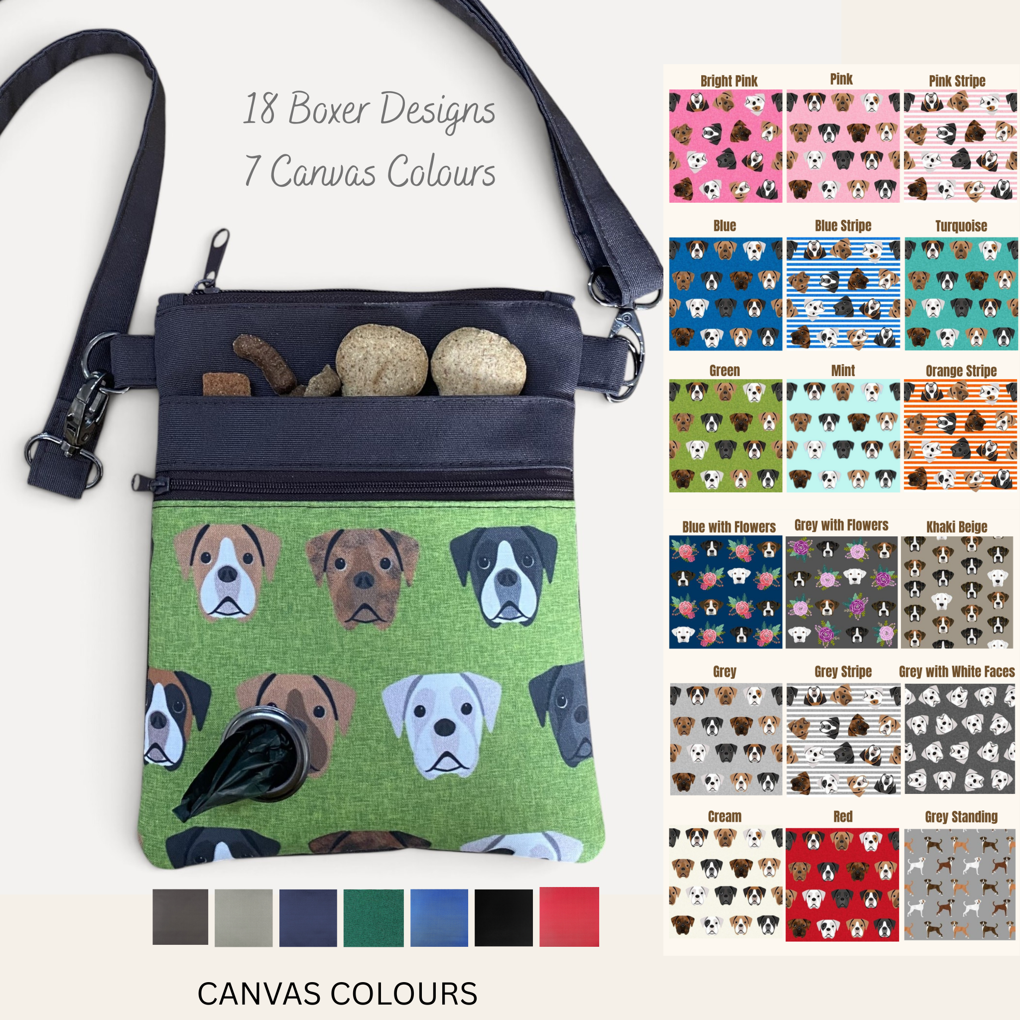 Boxer Dog Walking Bag with Poo Bag Dispenser & Treat Pocket. Many Colour Choices