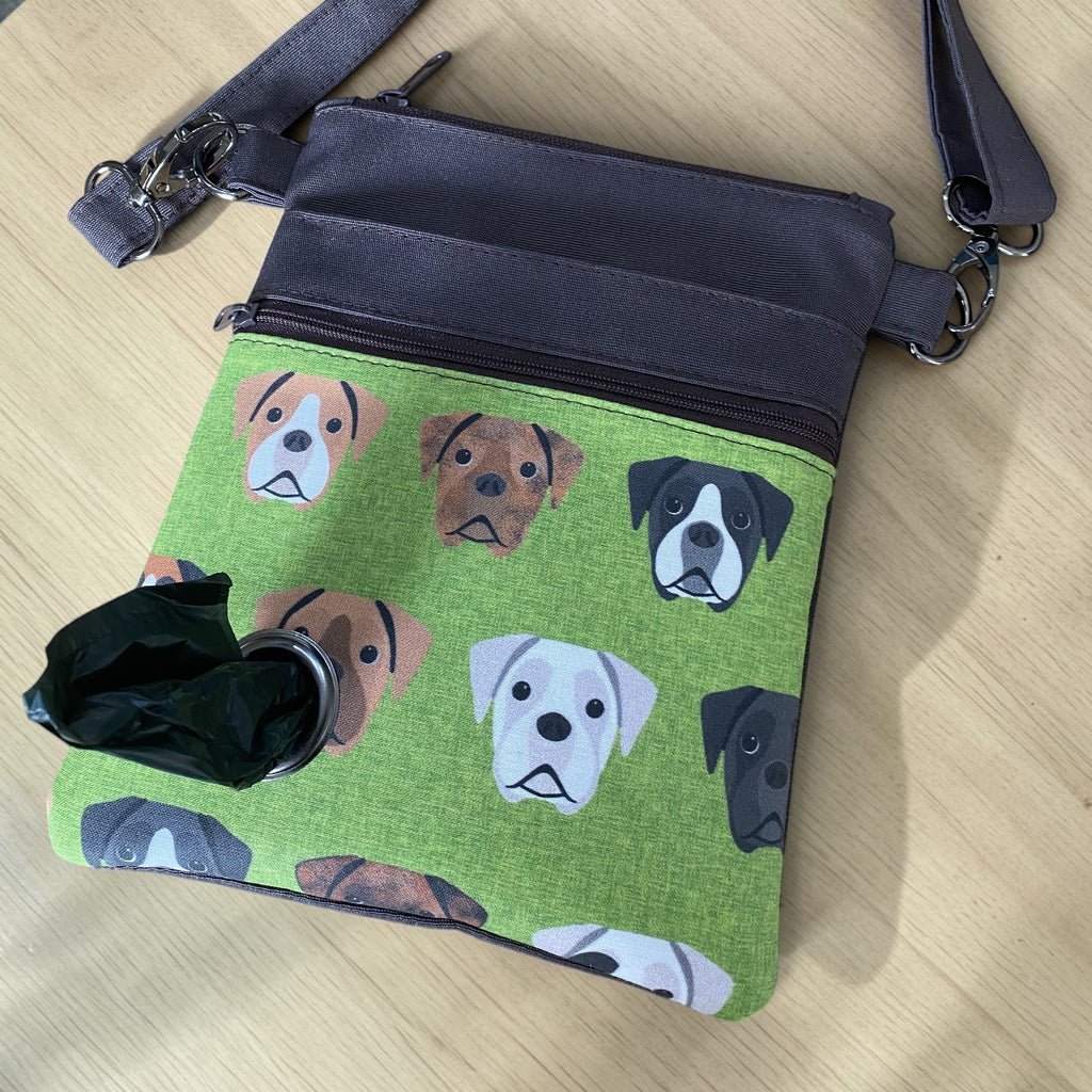 Boxer Dog Walking Bag with Poo Bag Dispenser & Treat Pocket. Many Colour Choices