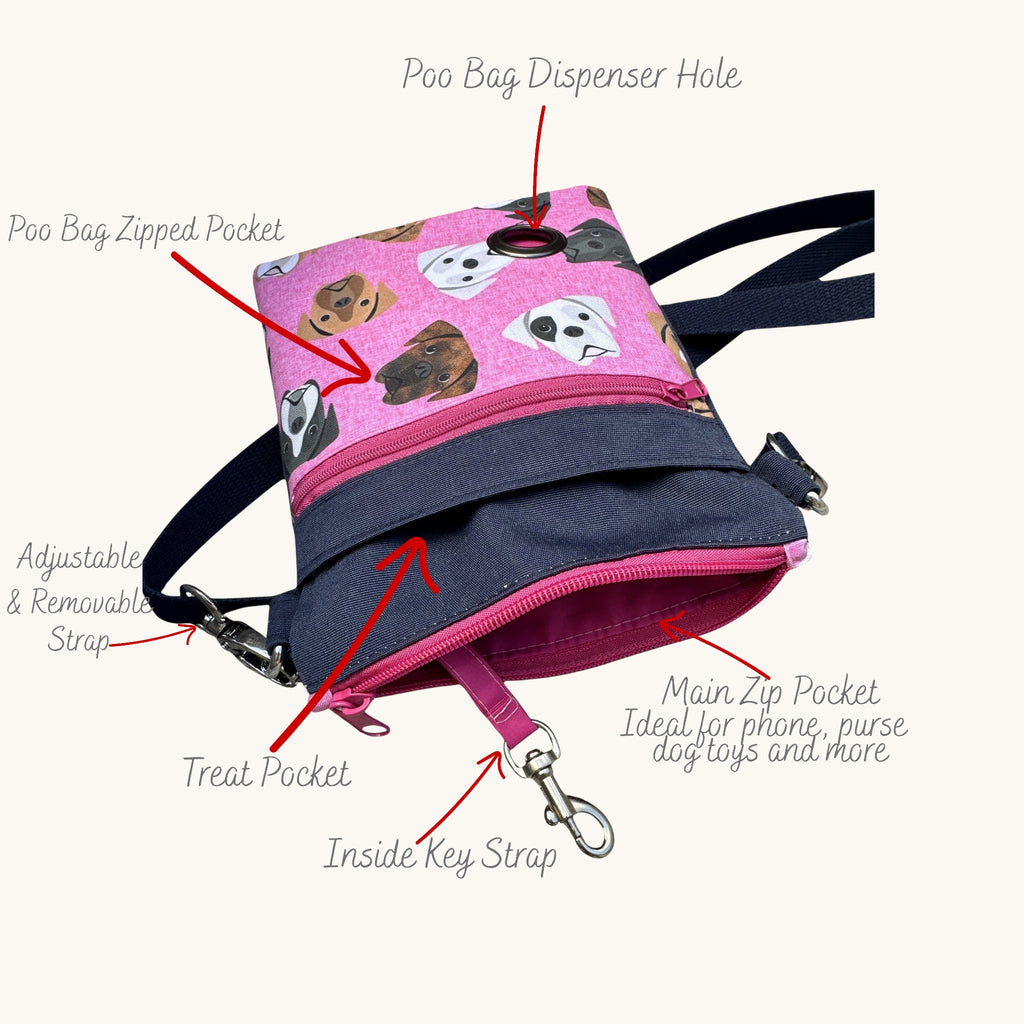 Boxer Dog Walking Bag with Poo Bag Dispenser & Treat Pocket. Many Colour Choices