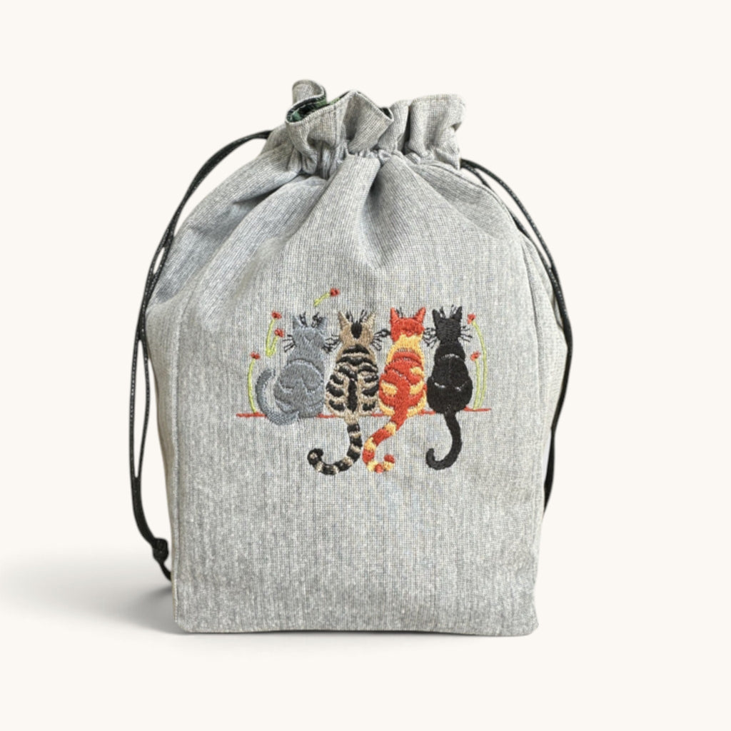 Embroidered Cat Drawstring Project Bag
