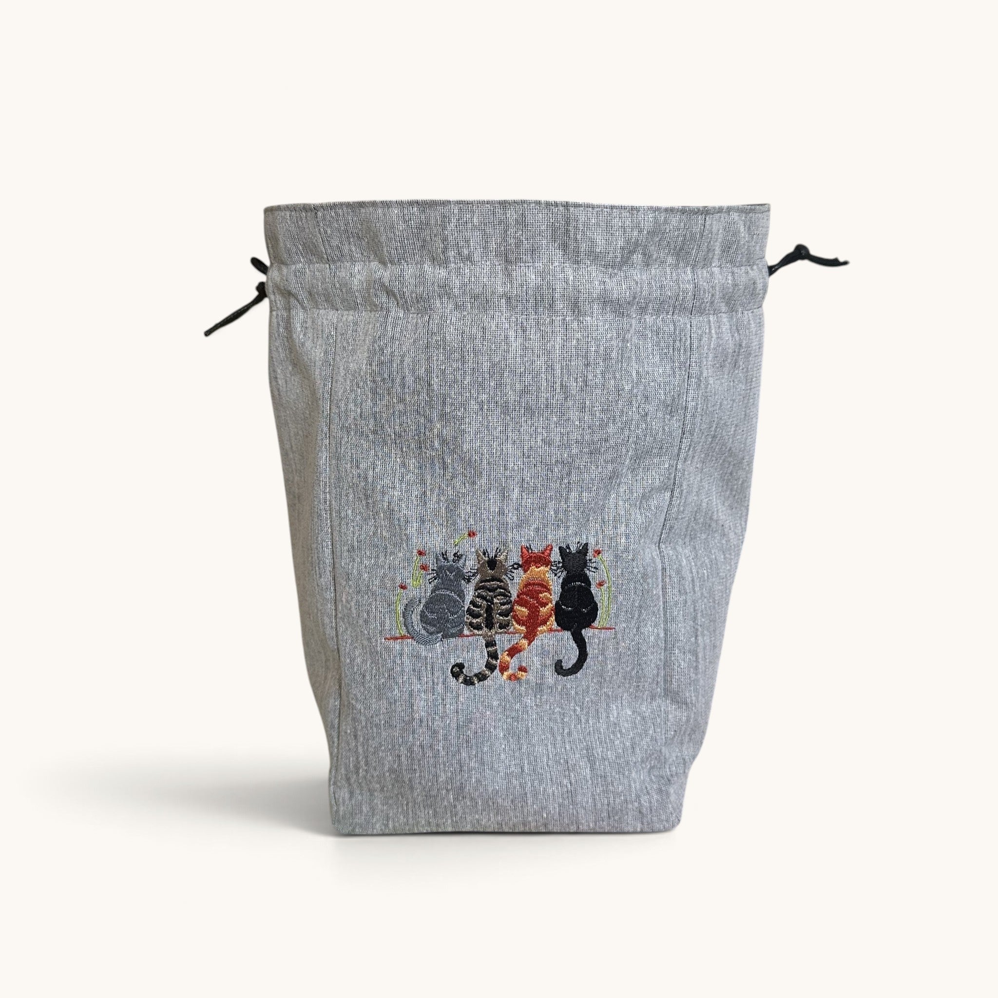 Embroidered Cat Drawstring Project Bag