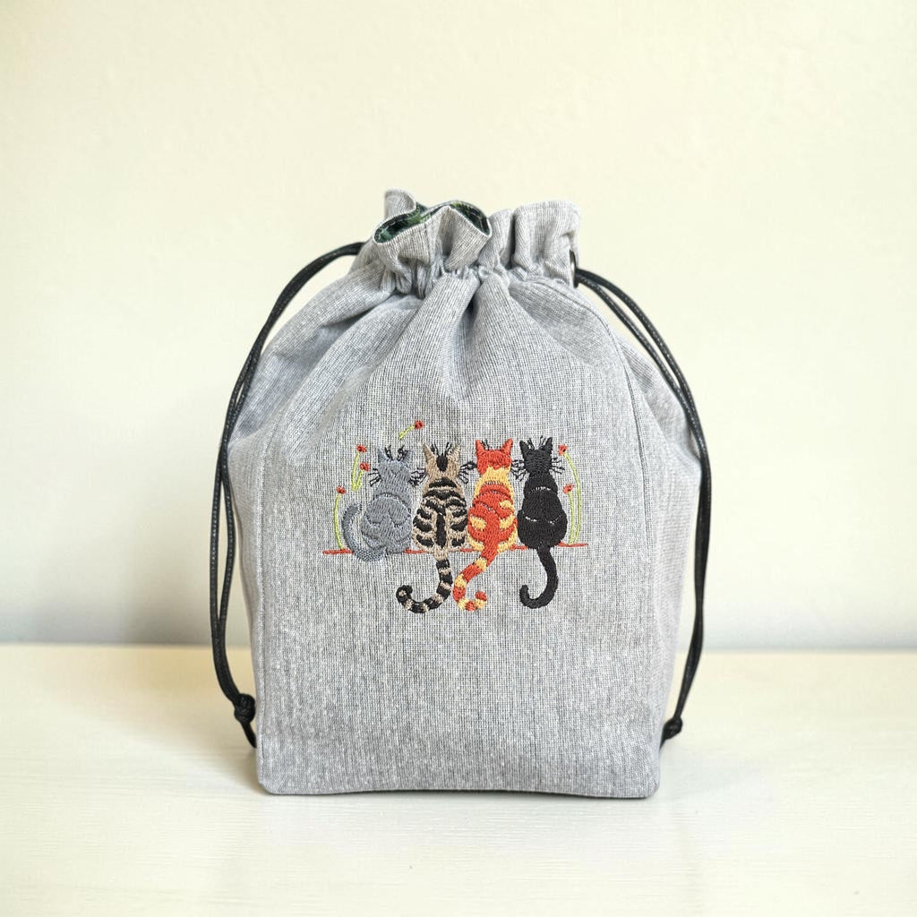 Embroidered Cat Drawstring Project Bag