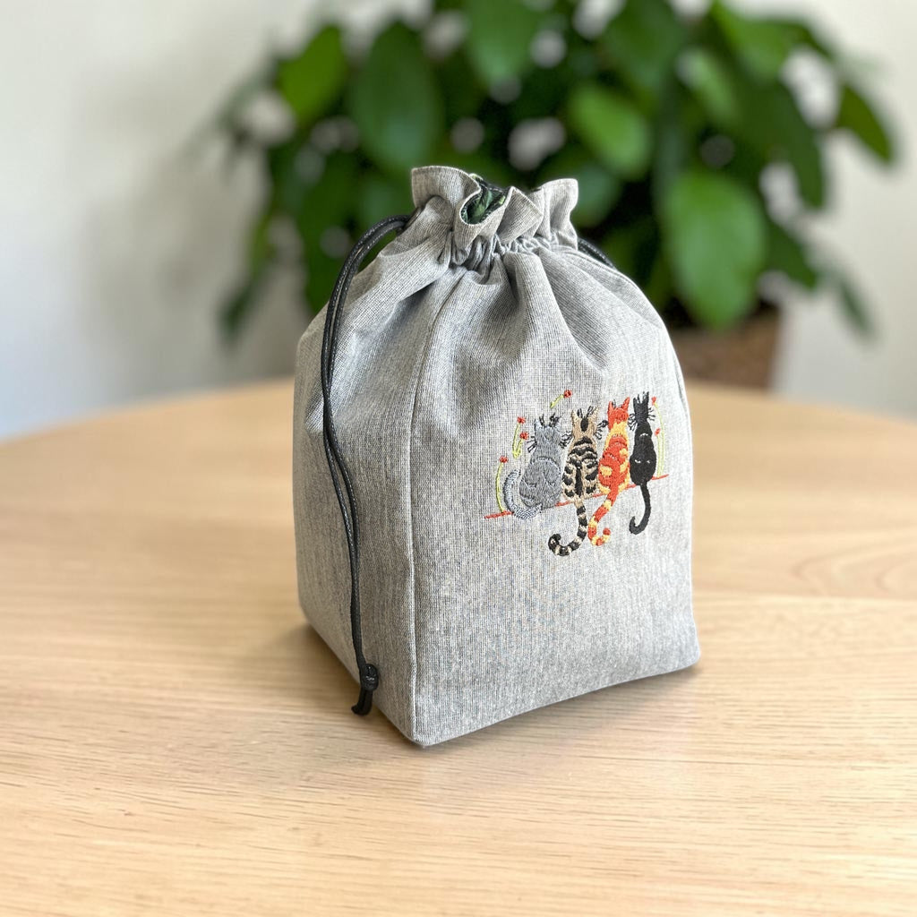 Embroidered Cat Drawstring Project Bag