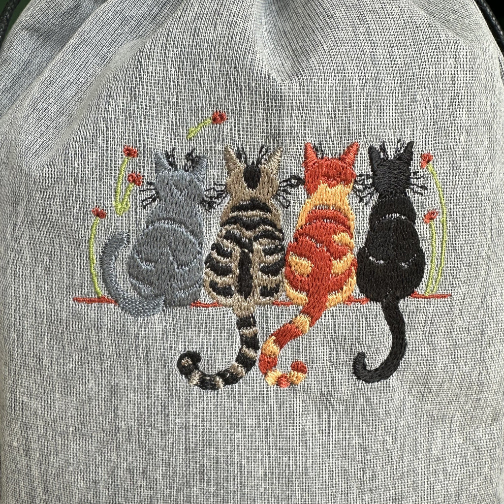 Embroidered Cat Drawstring Project Bag