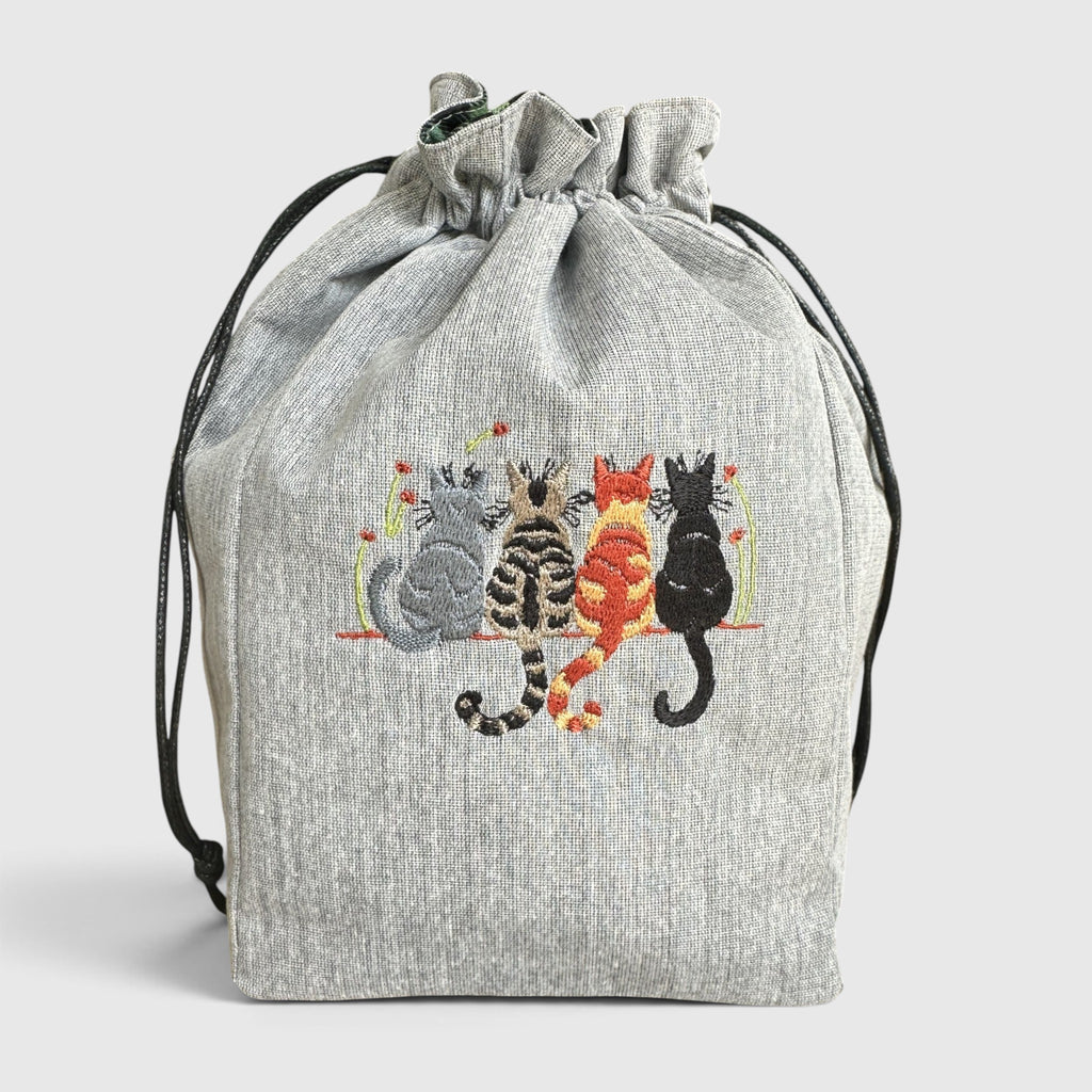 Embroidered Cat Drawstring Project Bag