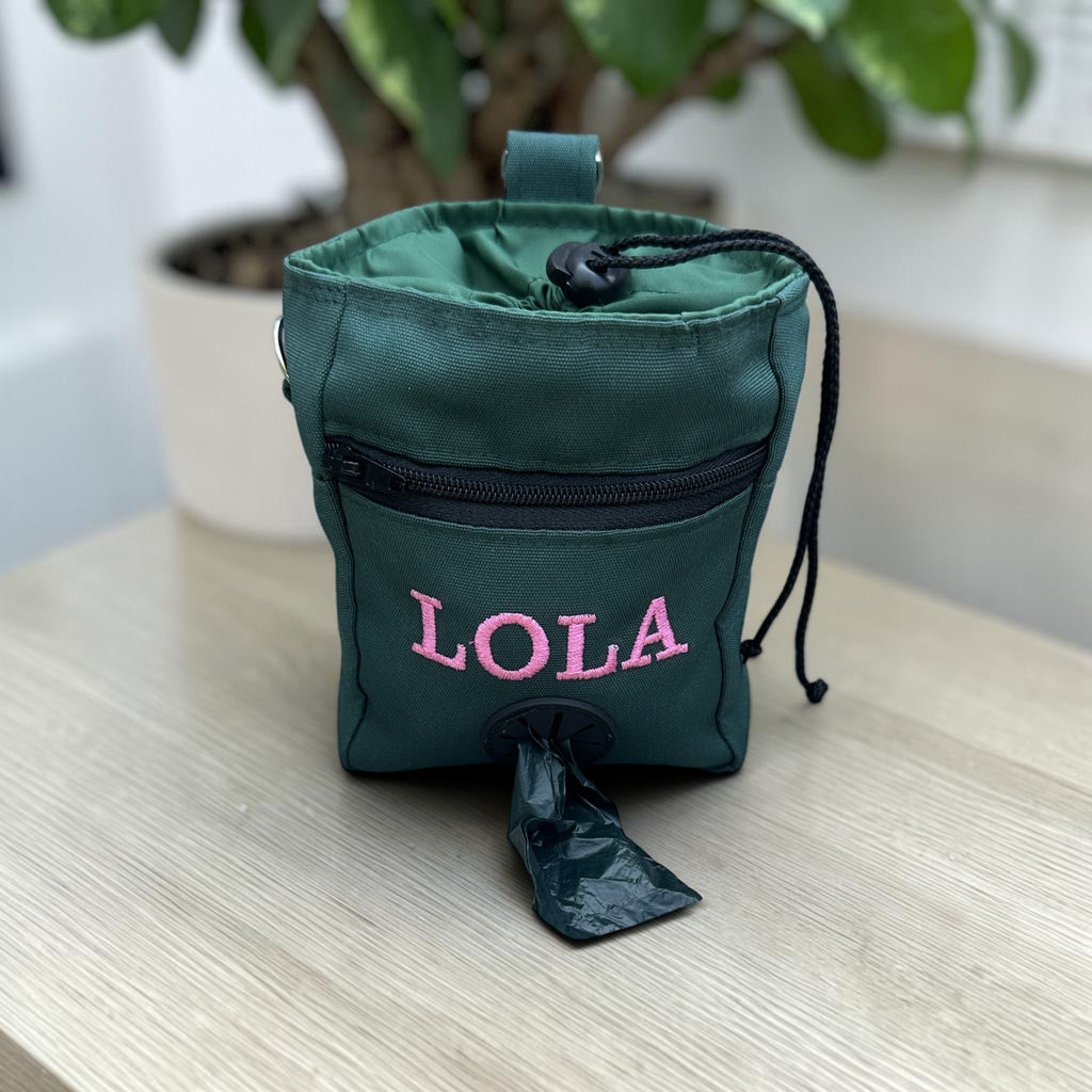 Personalised Dog Treat Bag with Poo Bag Dispenser. 6 Colours