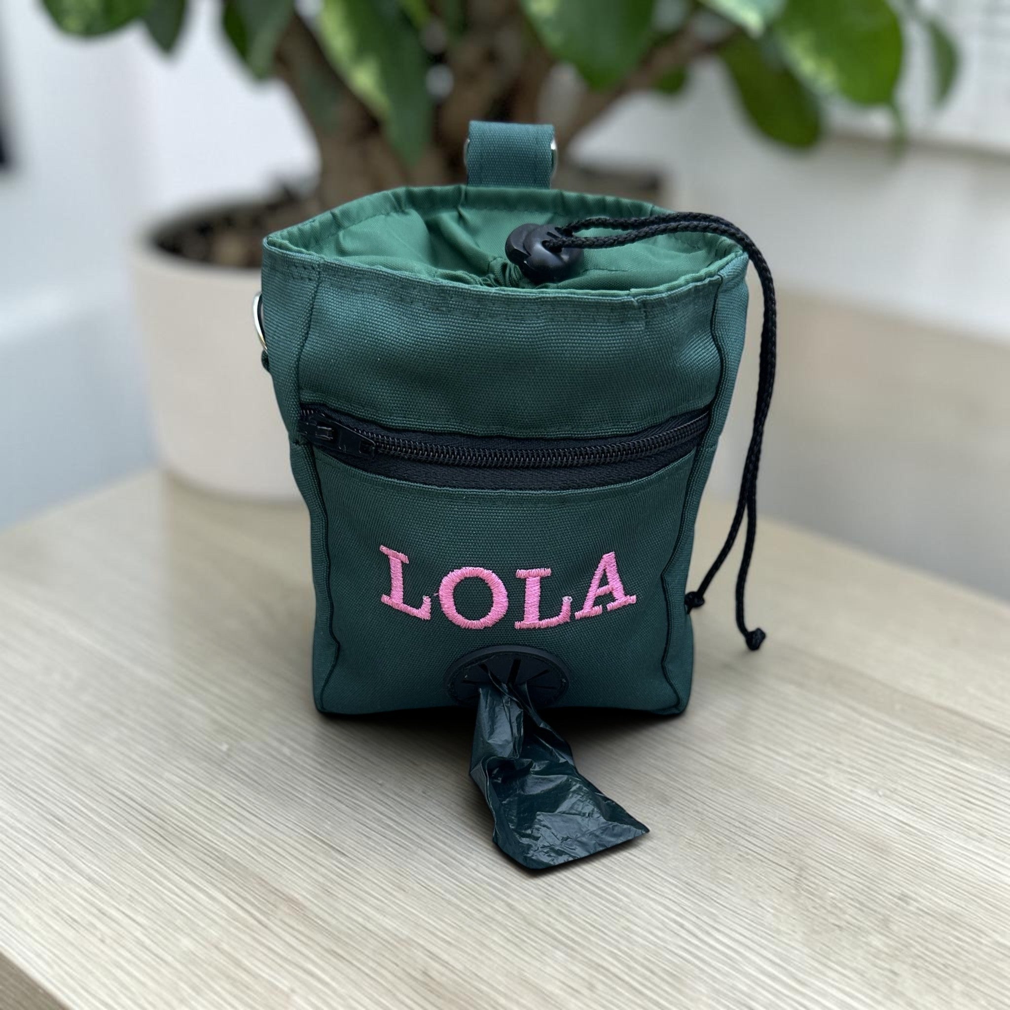 Personalised Dog Treat Bag with Poo Bag Dispenser. 6 Colours