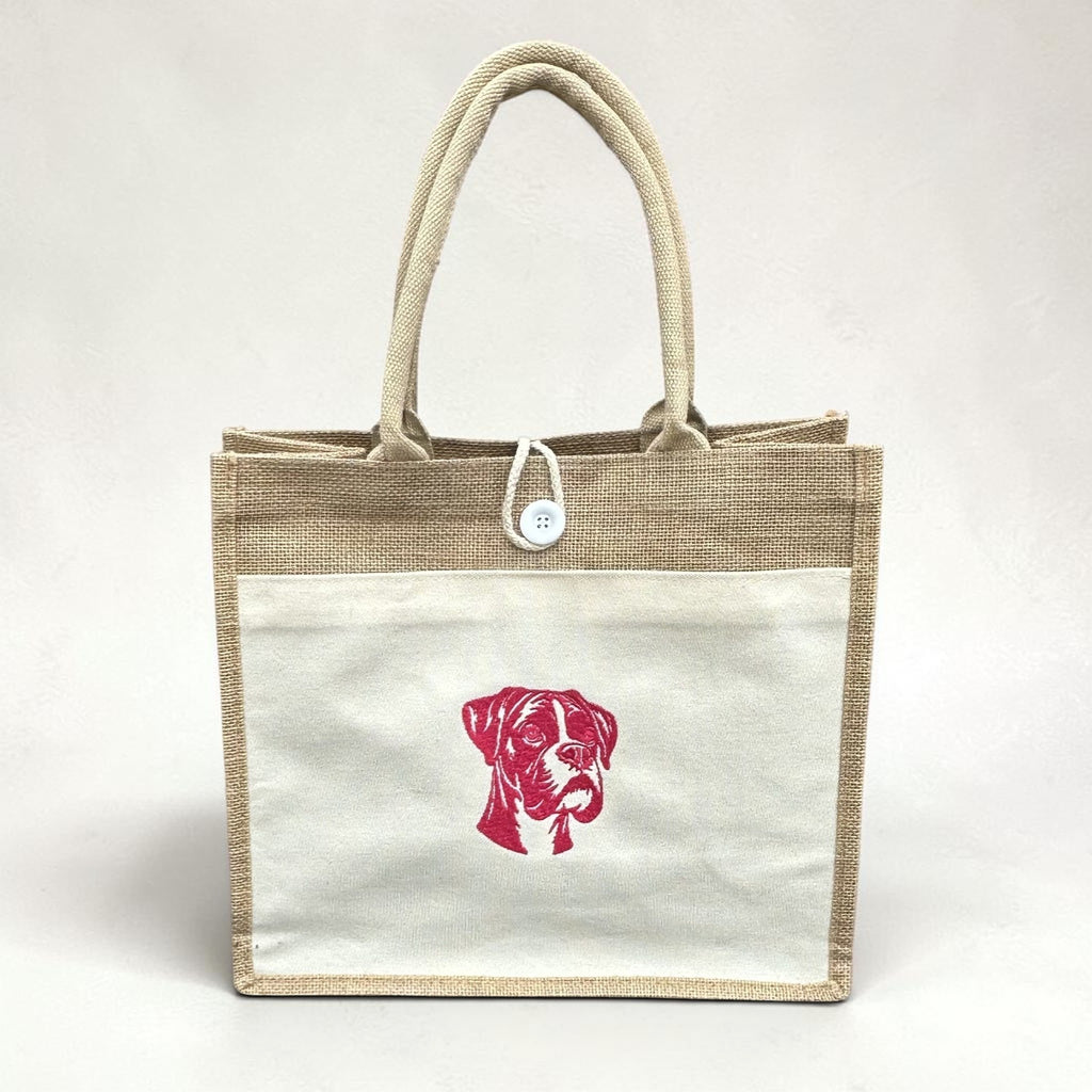 Boxer Dog Embroidered Jute Tote Bag - Cream