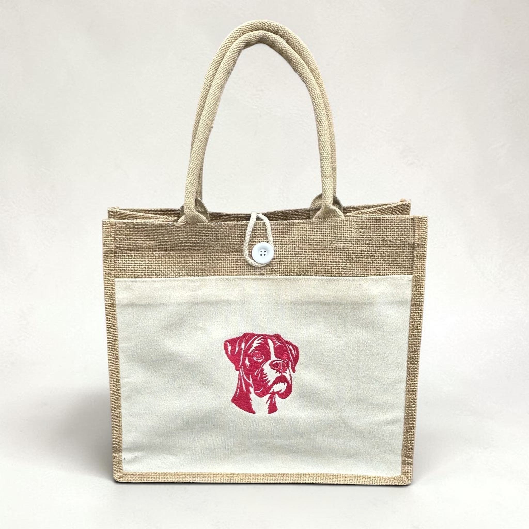 Boxer Dog Embroidered Jute Tote Bag - Cream