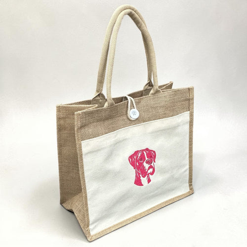 Boxer Dog Embroidered Jute Tote Bag - Cream