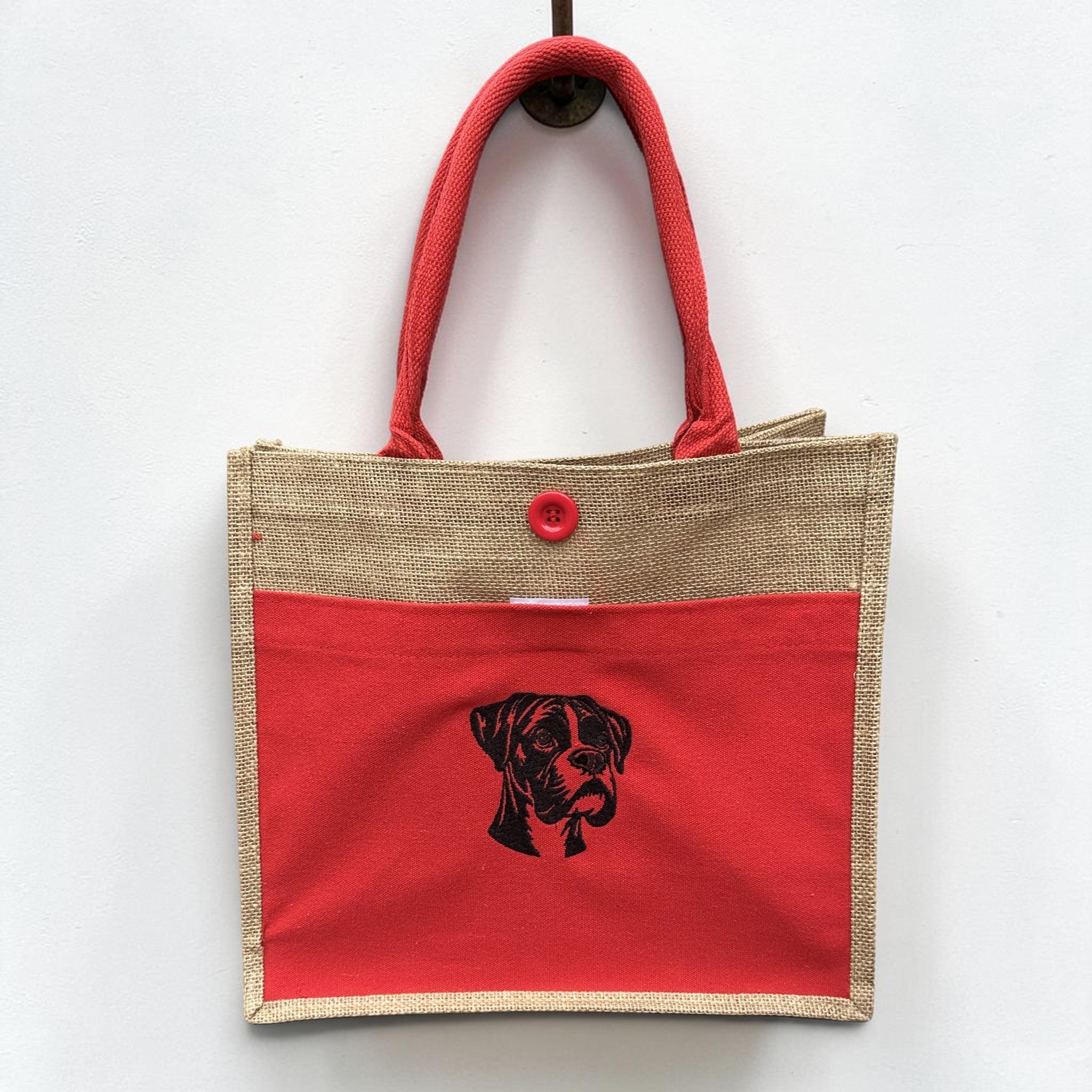 Boxer Dog Embroidered Jute Tote Bag - Red