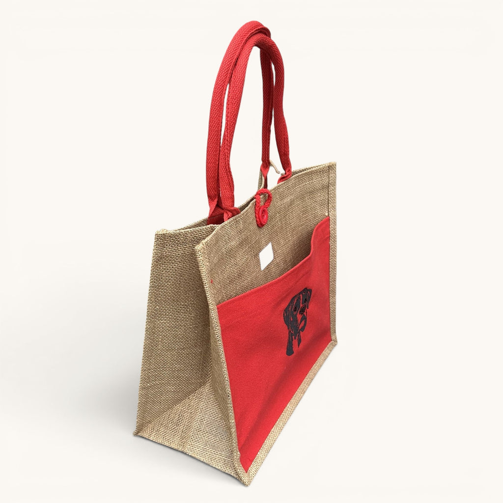 Boxer Dog Embroidered Jute Tote Bag - Red