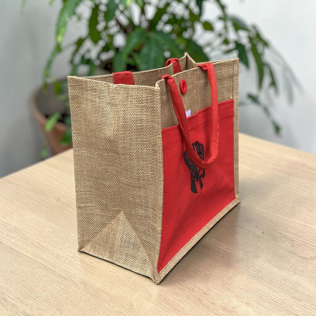 Boxer Dog Embroidered Jute Tote Bag - Red