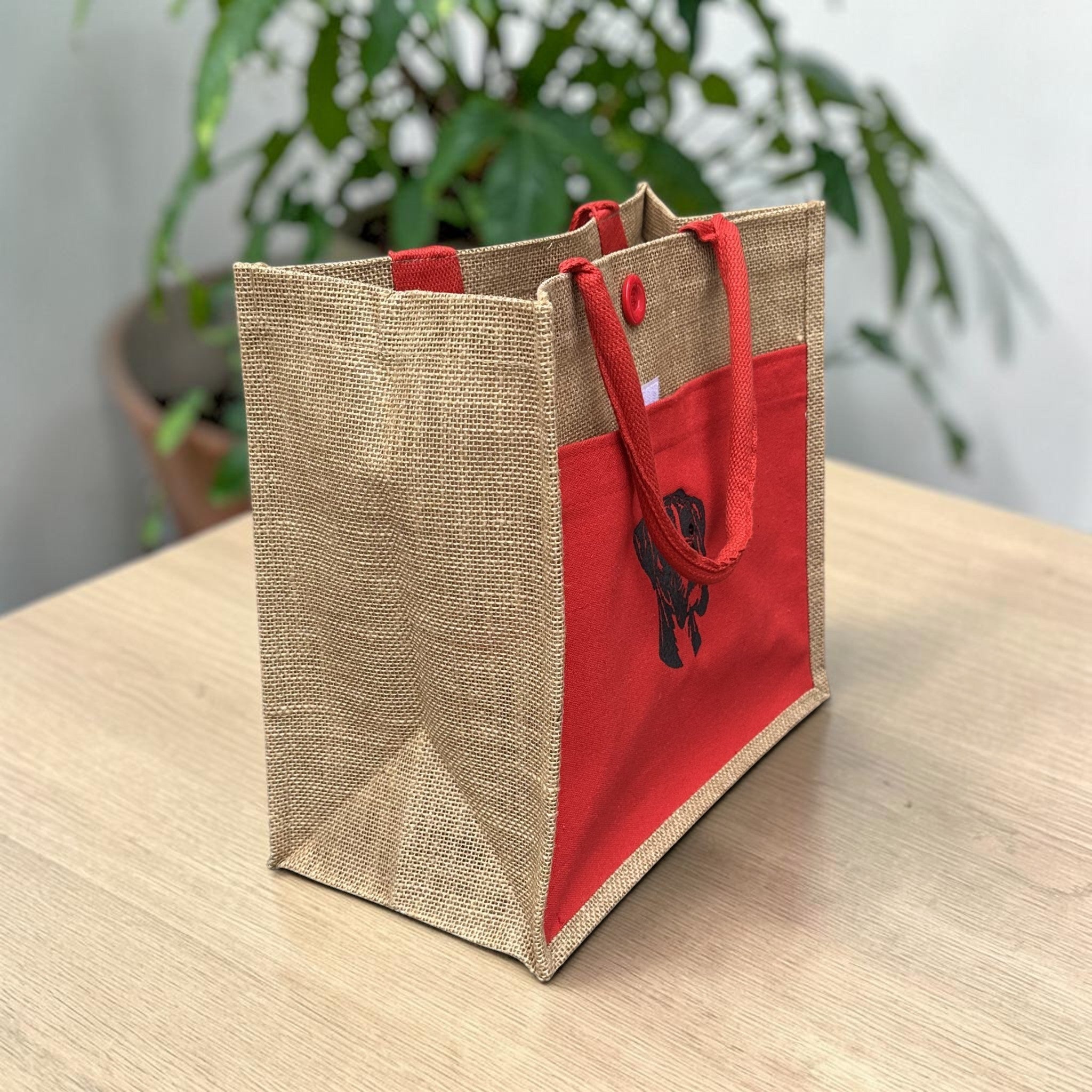 Boxer Dog Embroidered Jute Tote Bag - Red