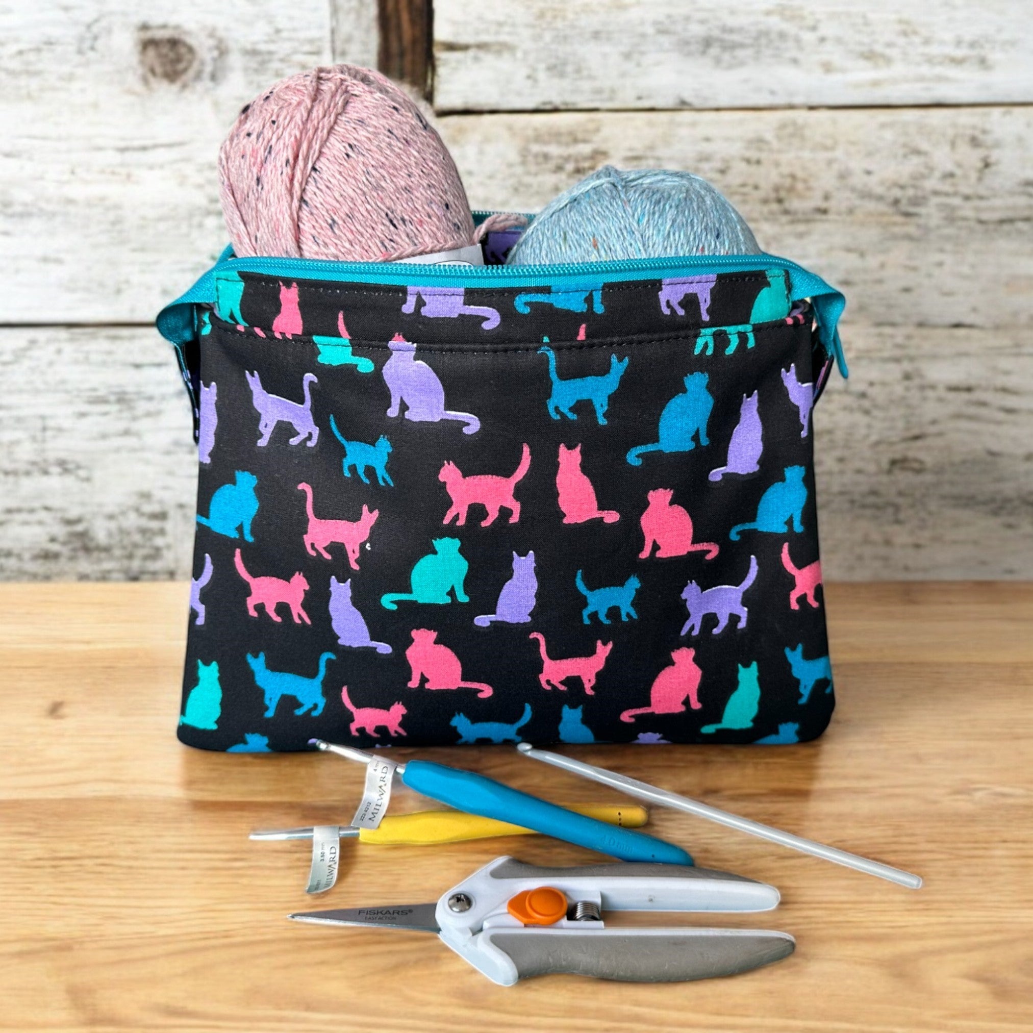 Luxury Cat Print Zipper Storage Pouch – Handmade with Leather Base