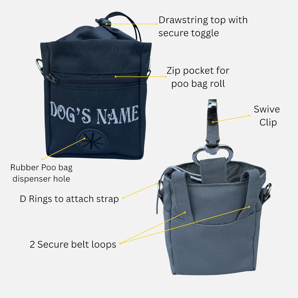 Personalised Dog Treat Bag with Poo Bag Dispenser. 6 Colours