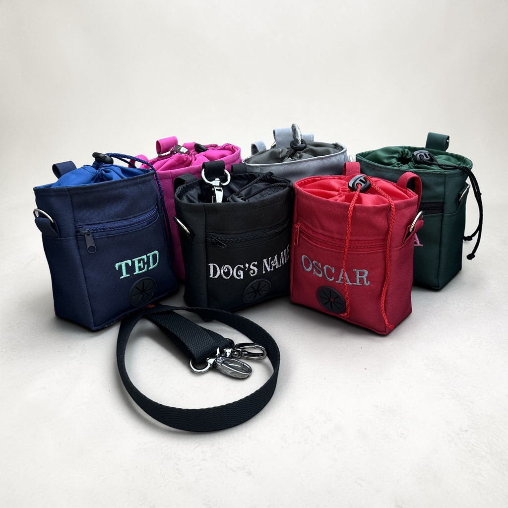 Personalised Dog Treat Bag with Poo Bag Dispenser. 6 Colours